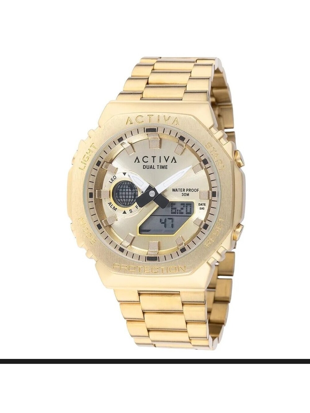 195 activa dual time gold analog & digital sports chronograph metal bracelet